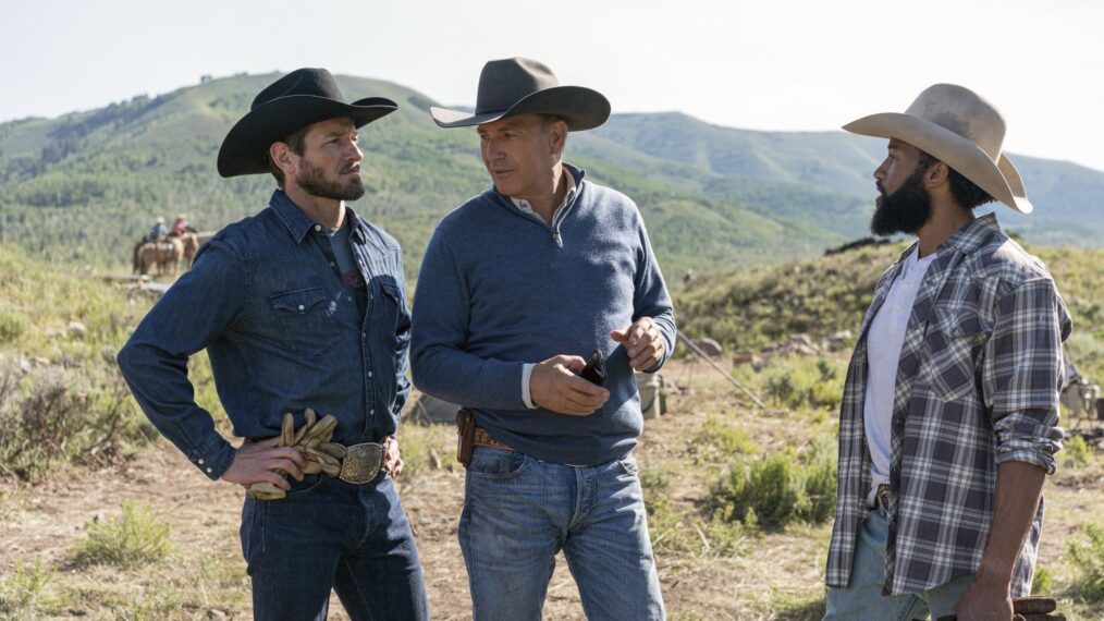 Ian Bohen as Ryan, Kevin Costner as John, Denim Richard as Colby in Yellowstone