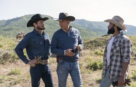 Ian Bohen as Ryan, Kevin Costner as John, Denim Richard as Colby in Yellowstone