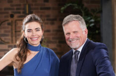 Amelia Heinle and Robert Newman on the set of The Young and the Restless