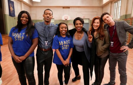 The cast of Abbott Elementary - Janelle James, Tyler James Williams, Quinta Brunson, Sheryl Lee Ralph, Lisa Ann Walter, Chris Perfetti