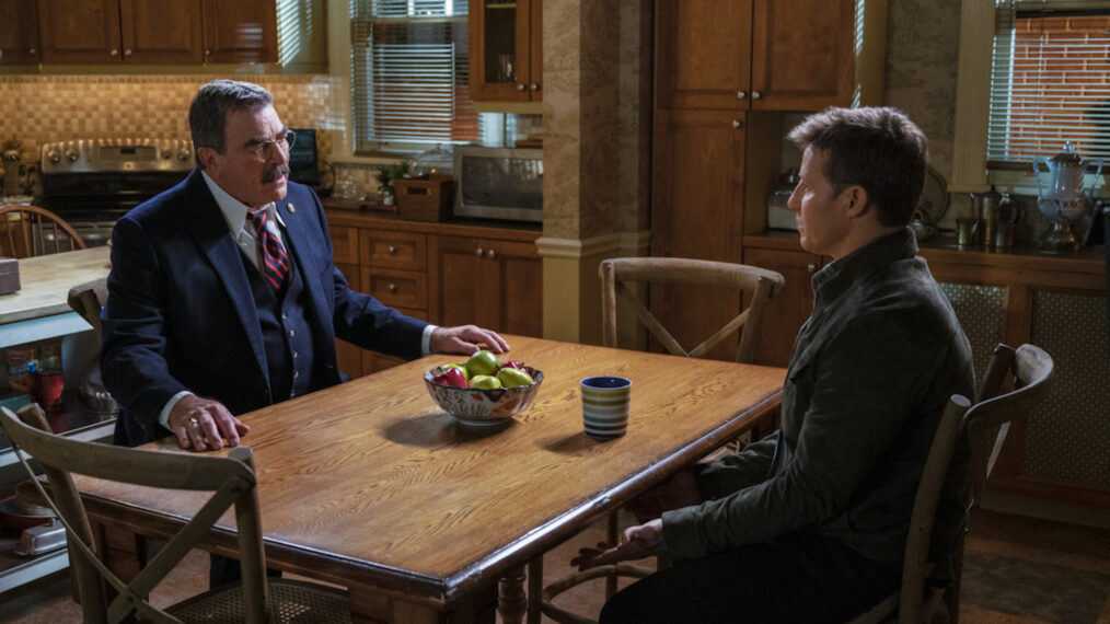 Tom Selleck as Frank Reagan and Will Estes as Jamie Reagan in Blue Bloods