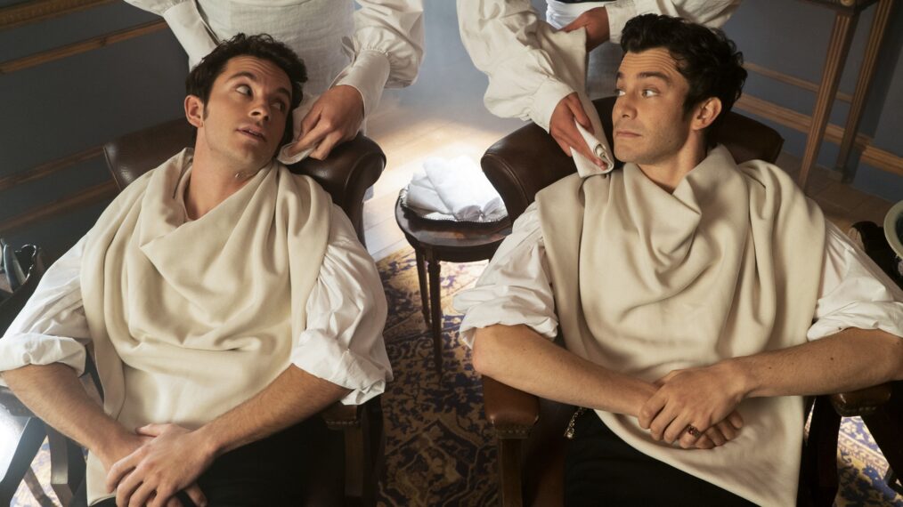 Jonathan Bailey and Luke Thompson in Bridgerton Season 2