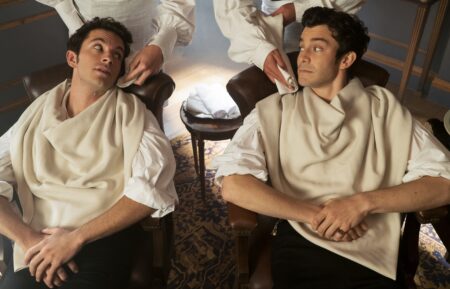 Jonathan Bailey and Luke Thompson in Bridgerton Season 2