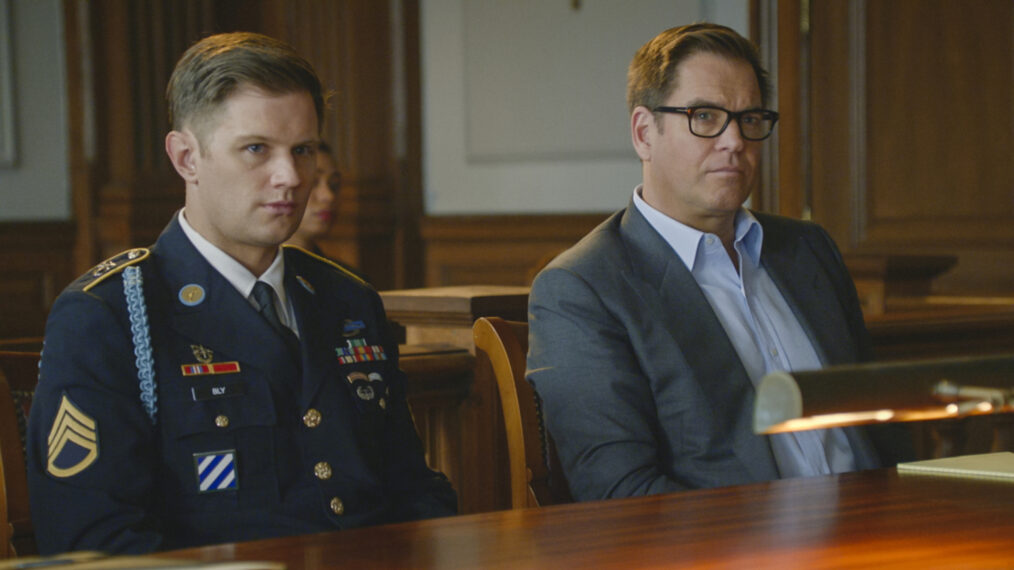 Michael Olberholtzer as Sergeant Carter Bly and Michael Weatherly as Dr. Jason Bull in Bull
