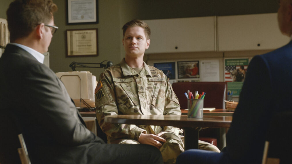 Michael Weatherly as Dr. Jason Bull and Michael Olberholtzer as Sergeant Carter Bly in Bull