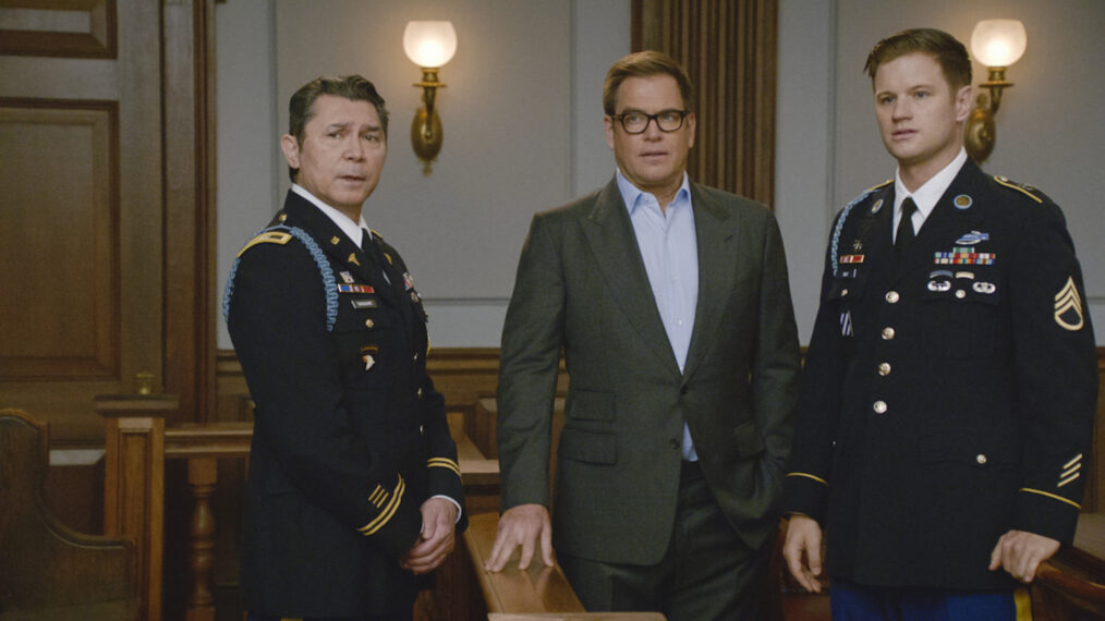 Lou Diamond Phillips as Colonel Victor Taggert, Michael Weatherly as Dr. Jason Bull and Michael Olberholtzer as Sergeant Carter Bly in Bull