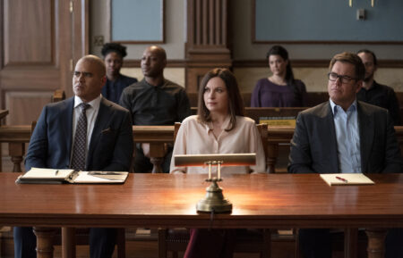 Chris Jackson as Chunk Palmer, Jill Flint as Diana Lindsay, and Michael Weatherly as Jason Bull in Bull