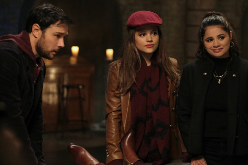 Rupert Evans as Harry Greenwood, Sarah Jeffery as Maggie Vera, and Melonie Diaz as Mel Vera in Charmed