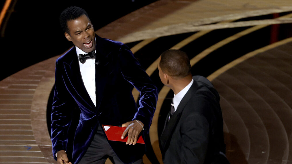 Will Smith appears to slap Chris Rock onstage during the 94th Annual Academy Awards