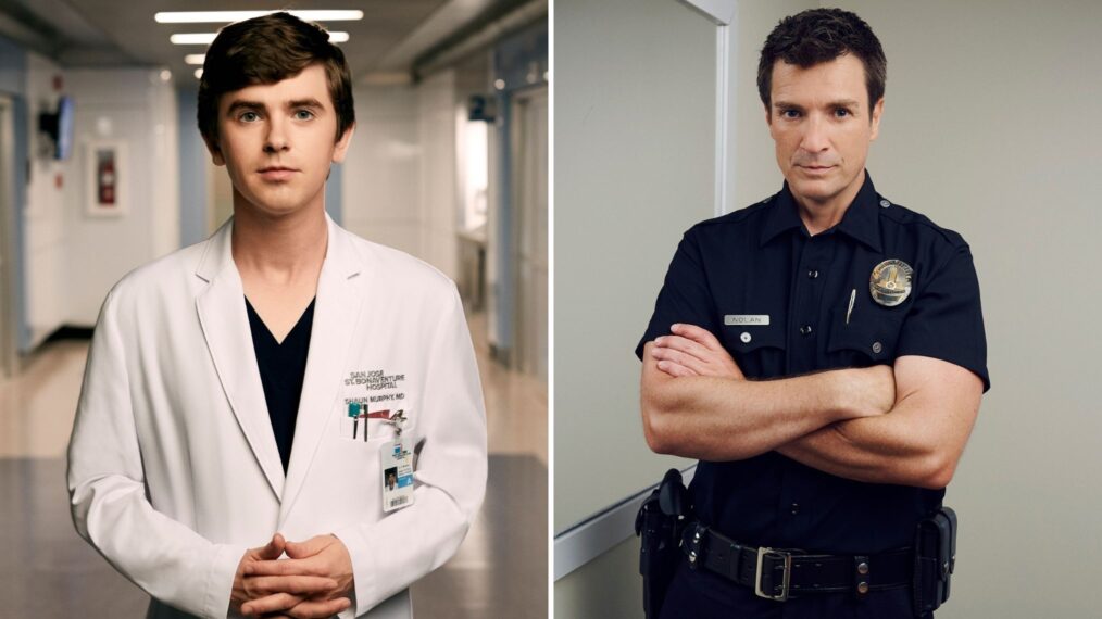 Freddie Highmore as Shaun in The Good Doctor, Nathan Fillion as Nolan in The Rookie