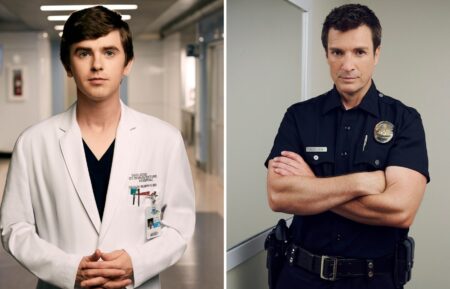 Freddie Highmore as Shaun in The Good Doctor, Nathan Fillion as Nolan in The Rookie