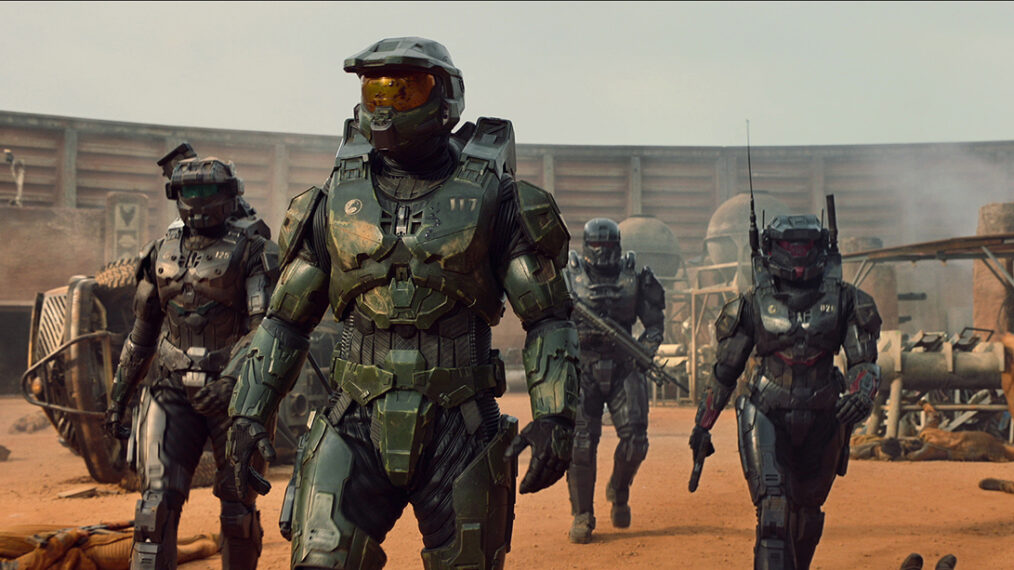 Pablo Schreiber as Master Chief, Kate Kennedy as Kai, Bentley Kalu as Vannak, and Natasha Culzac as Riz in Halo