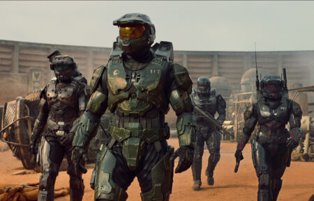 Pablo Schreiber as Master Chief, Kate Kennedy as Kai, Bentley Kalu as Vannak, and Natasha Culzac as Riz in Halo