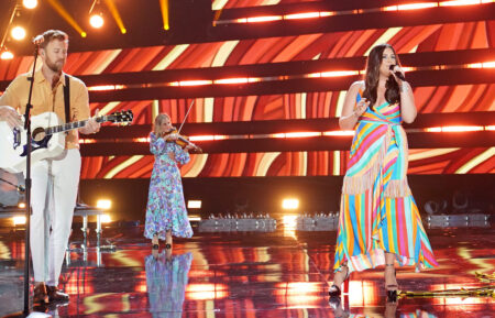 Charles Kelley, Hillary Scott and Dave Haywood of musical group Lady A perform onstage