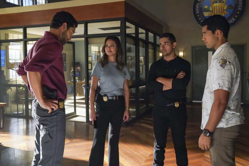 Noah Mills as Jesse, Vanessa Lachey as Tennant, Wilmer Valderrama as Torres, Alex Tarrant as Kai in NCIS Hawai'i