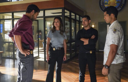 Noah Mills as Jesse, Vanessa Lachey as Jane Tennant, Wilmer Valderrama as Nick Torres, Alex Tarrant as Kai Holman in NCIS Hawai'i