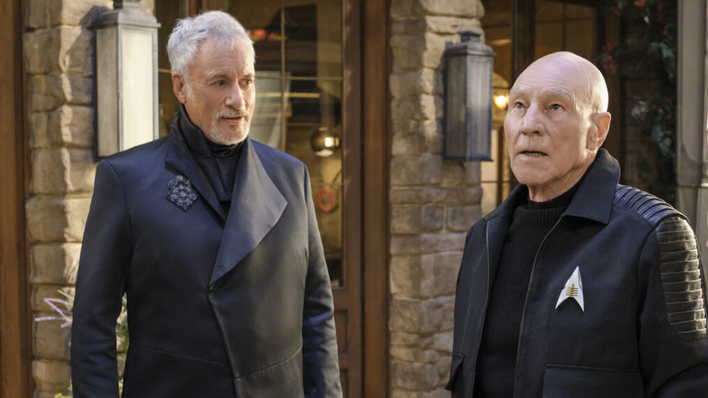 Sir Patrick Stewart as Jean-Luc Picard and John de Lancie as Q in Star Trek Picard