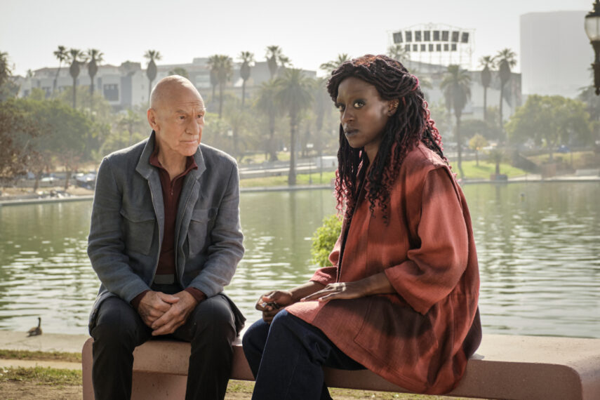 Sir Patrick Stewart as Picard and Ito Aghayere as young Guinan in Star Trek Picard