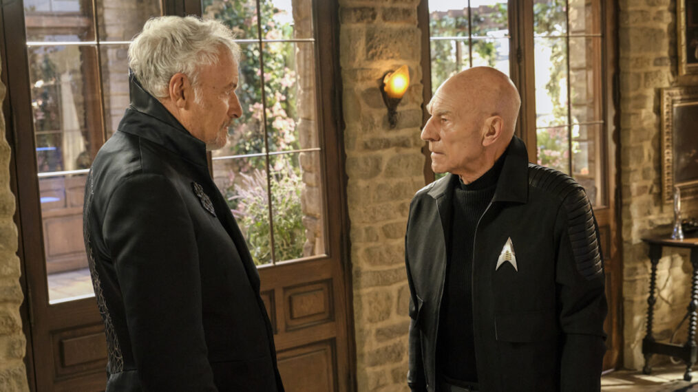 John de Lancie as Q and Sir Patrick Stewart as Jean-Luc Picard in Star Trek Picard