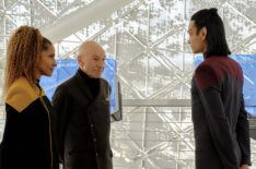Michelle Hurd as Raffi, Sir Patrick Stewart as Jean-Luc Picard and Evan Evagora as Elnor in Star Trek Picard