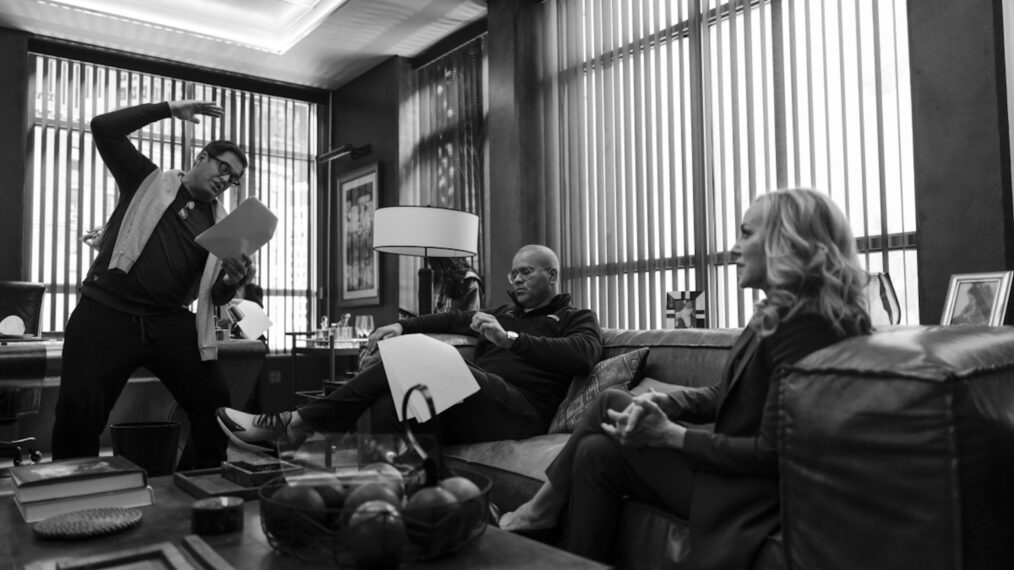 Michael Weatherly, Chris Jackson, and Geneva Carr behind the scenes on the Bull set
