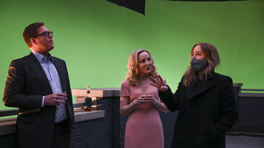 Michael Weatherly, Geneva Carr, and Sasha Alexander on the Bull set