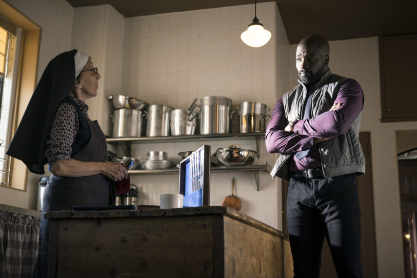 Andrea Martin as Sister Andrea, Mike Colter as David Acosta in Evil