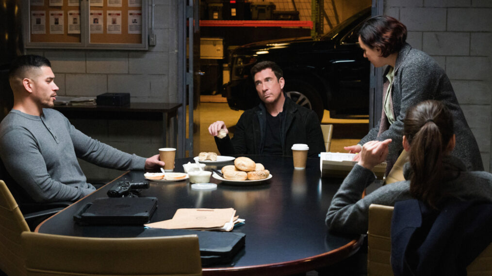 Miguel Gomez as Special Agent Ivan Ortiz, Dylan McDermott as Supervisory Special Agent Remy Scott, and Keisha Castle-Hughes as Special Agent Hana Gibson in FBI Most Wanted