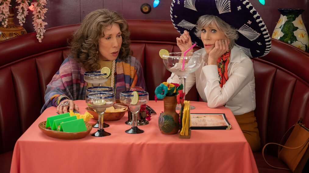 Lily Tomlin and Jane Fonda drinking margaritas in Grace and Frankie