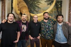 Impractical Jokers cast Sal Vulcano, Brian Quinn, and James Murray with Jon Gabrus and Adam Pally