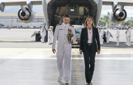 Enver Gjokaj as Captain Milius, Vanessa Lachey as Special Agent in Charge Jane Tennant in NCIS Hawaii