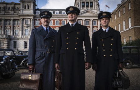 Matthew Macfadyen as Charles Cholmondeley, Colin Firth as Ewen Montagu and Johnny Flynn as Ian Fleming in Operation Mincemeat