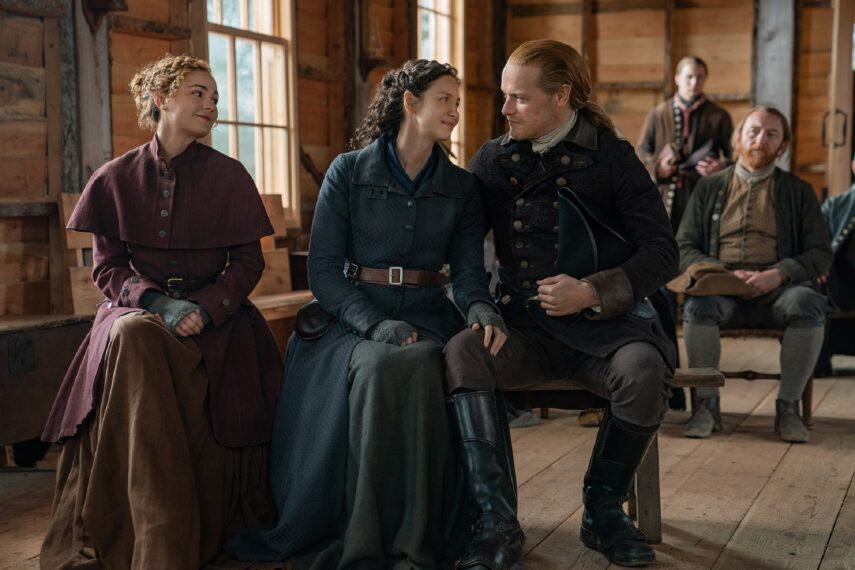 Outlander Season 6 Sophie Skelton, Caitriona Balfe, and Sam Heughan