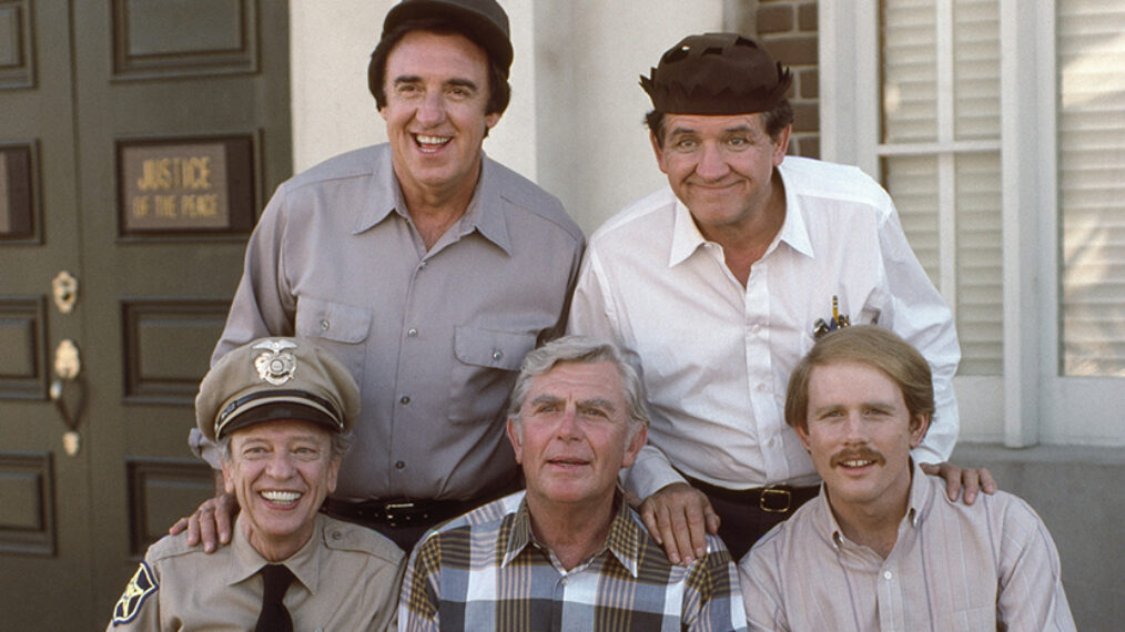 Return to Mayberry Jim Nabors as Gomer Pyle, George Lindsey as Goober Pyle, Don Knotts as Barney Fife, Andy Griffith as Andy Taylor, Ron Howard as Opie Taylor
