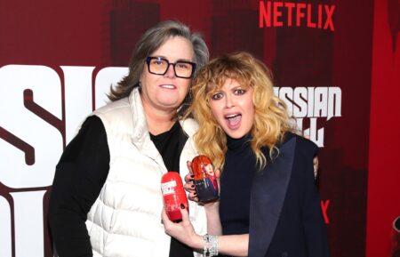 Rosie O'Donnell and Natasha Lyonne and holding Russian Dolls