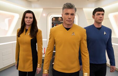 Rebecca Romijn as Number One, Anson Mount as Pike, Ethan Peck as Spock in Strange New Worlds