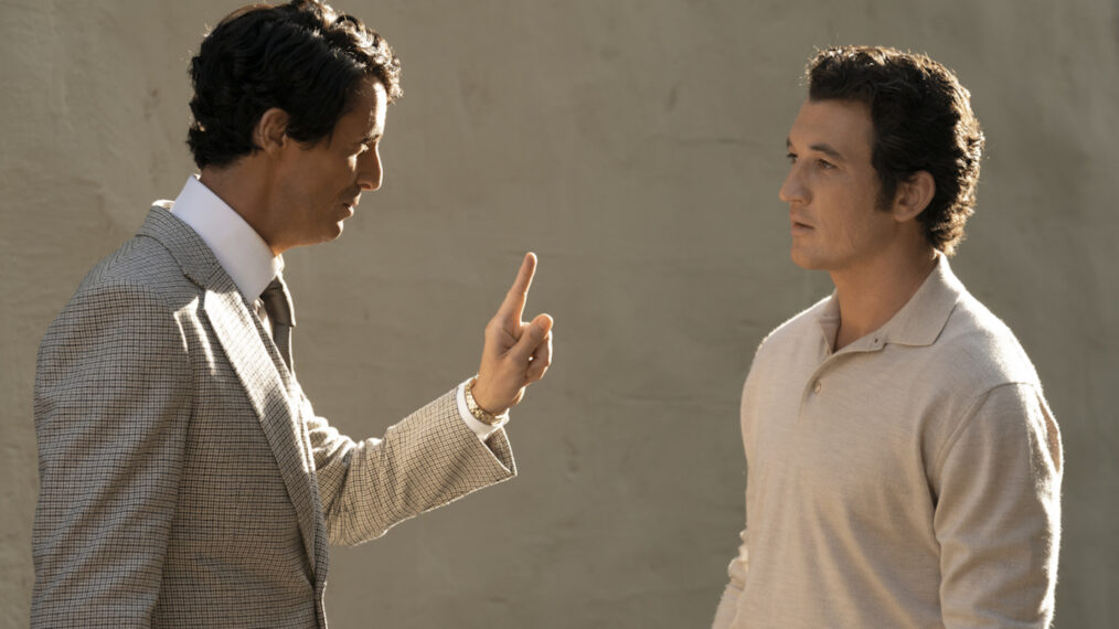 Matthew Goode as Robert Evans and Miles Teller as Albert S. Ruddy in The Offer