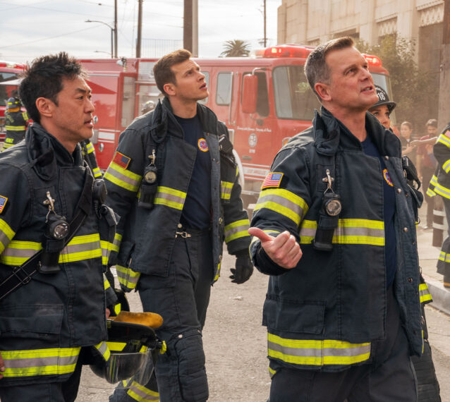 Kenneth Choi as Chimney, Oliver Stark as Buck, Peter Krause as Bobby in 9-1-1