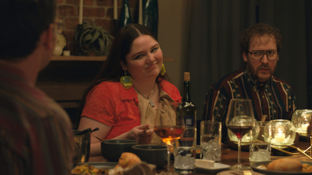 Megan Stalter as Meg, Olli Haaskivi as George in Queer as Folk