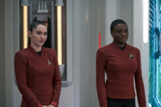 Christina Chong as La’an and Celia Rose Gooding as Uhura in Star Trek: Strange New Worlds