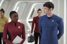 Celia Rose Gooding as Uhura and Ethan Peck as Spock in Stark Trek: Strange New Worlds