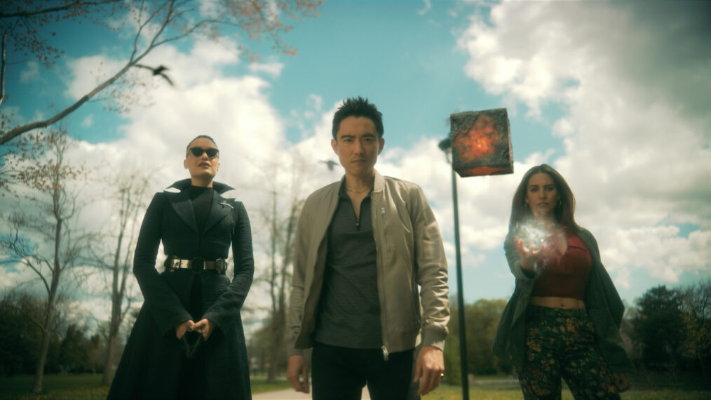 Britne Oldford as Fei, Justin H. Min as Ben Hargreeves, Christopher, Genesis Rodriguez as Sloane in The Umbrella Academy