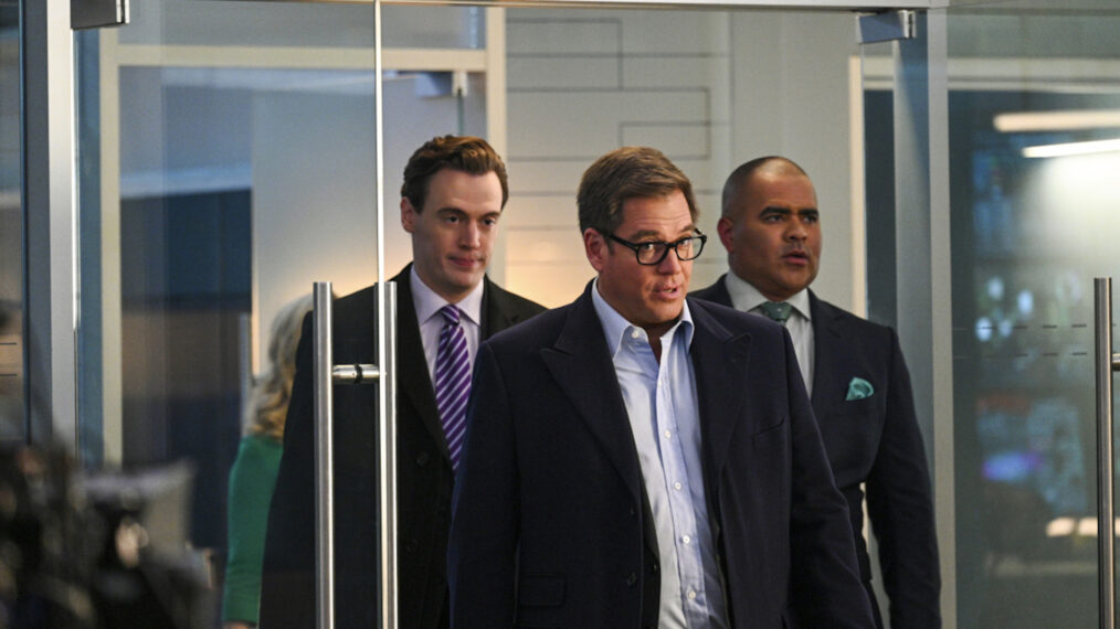 Erich Bergen as ADA Robert Jones, Michael Weatherly as Dr. Jason Bull, and Chris Jackson as Chunk Palmer in Bull