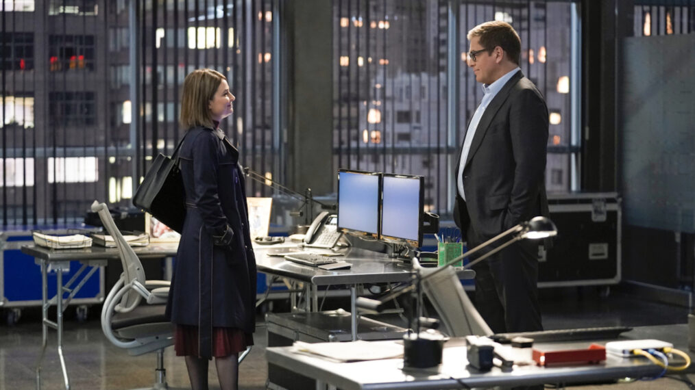 MacKenzie Meehan as Taylor Rentzel and Michael Weatherly as Dr. Jason Bull in Bull