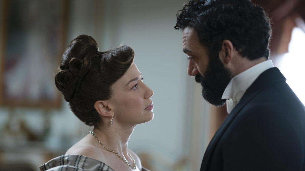 Carrie Coon and Morgan Spector as Bertha and George Russell in The Gilded Age Season 1 Episode 5