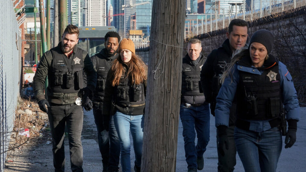 The Cast of Chicago PD - Patrick John Flueger as Adam Ruzek, LaRoyce Hawkins as Kevin Atwater, Marina Squerciati as Kim Burgess, Jason Beghe as Hank Voight, Jesse Lee Soffer as Jay Halstead, Tracy Spiridakos as Hailey - Season 9