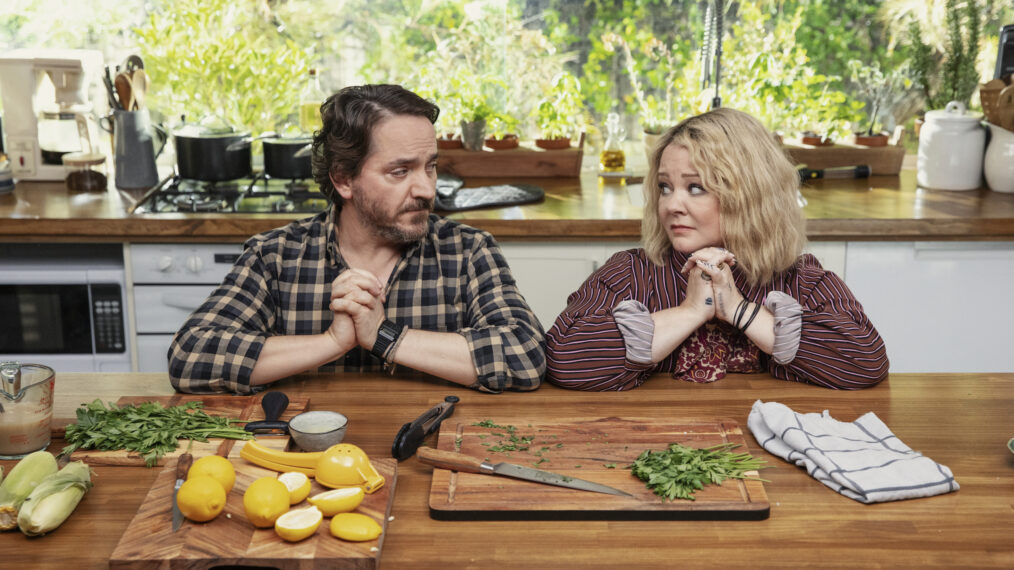 Ben Falcone as Clark Thompson, Melissa McCarthy as Amily Luck in God's Favorite Idiot