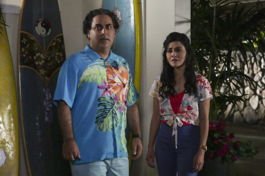 Jason Antoon as Ernie Malik and Yasmine Al-Bustami as Lucy Tara in NCIS Hawaii