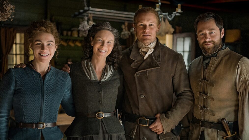 Outlander Season 7 Sophie Skelton, Caitriona Balfe, Sam Heughan, and Roger Rankin