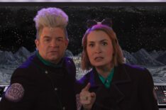 Patton Oswalt as Max and Felicia Day as Kinga Forrester in Mystery Science Theater 3000